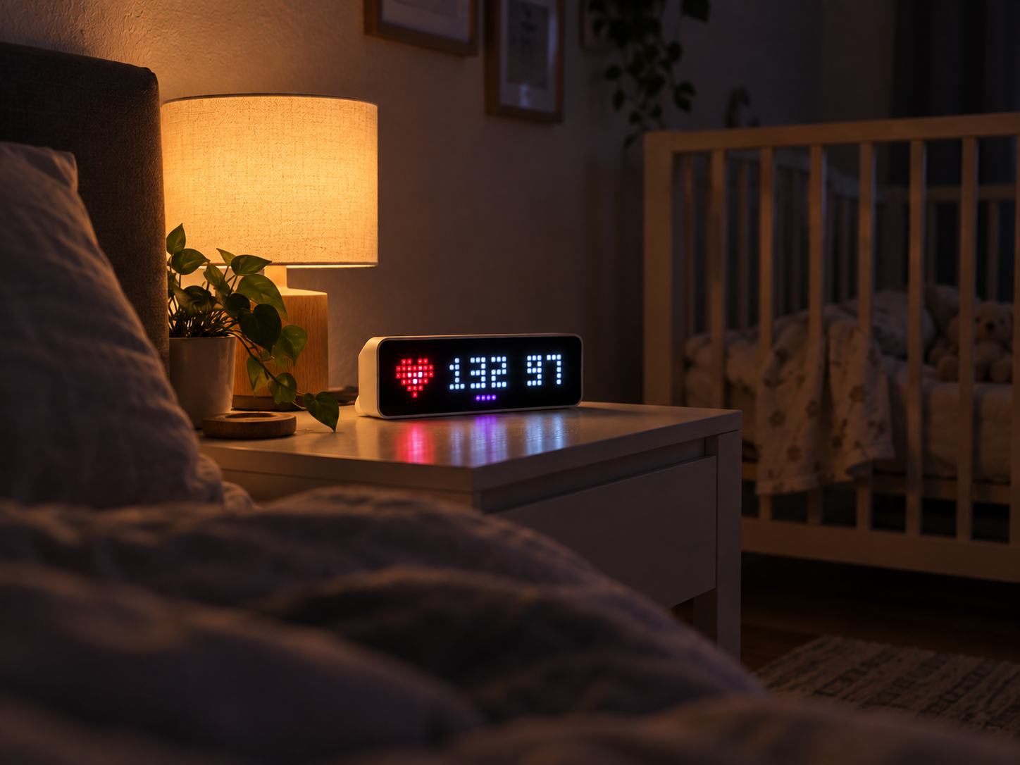 Owlanzi pixel clock on a bedside table beside a warm lamp in a quiet bedroom